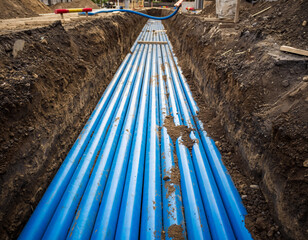 Blue water pipes have been installed in a trench, showing a construction phase for underground utilities and efficient water distribution in a new residential project.