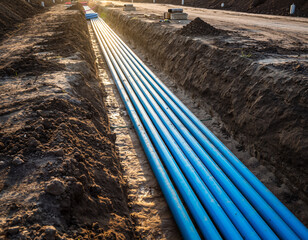 Blue water pipes have been installed in a trench, showing a construction phase for underground utilities and efficient water distribution in a new residential project.
