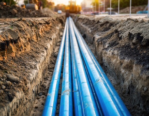Blue water pipes have been installed in a trench, showing a construction phase for underground utilities and efficient water distribution in a new residential project.