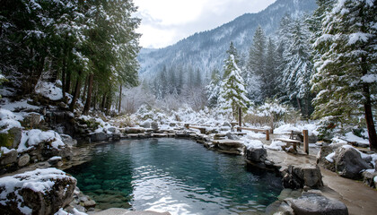 a hot springs pool against the backdrop of a snowy forest