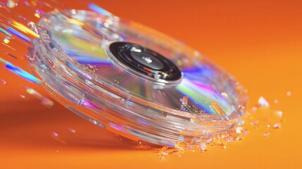 Close-up of a compact disc breaking apart in motion over an orange surface. A dynamic concept illustrating technology destruction and obsolescence.