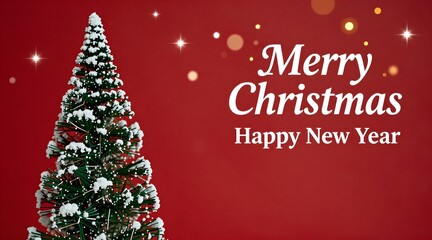 Fototapeta premium Festive christmas scene with green christmas tree on a red background