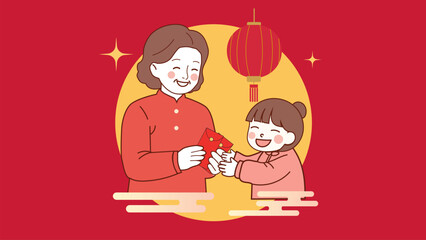 Obraz premium Grandma is giving red envelopes (Ang Pao) to her children and grandchildren. 2026 Chinese New Year,