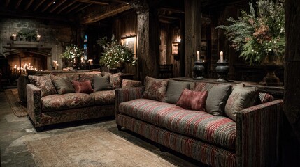 Cozy living room with fireplace and floral arrangements provides a warm ambiance.