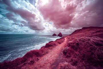 A beautiful pink and blue sky with a beach and a rocky shoreline