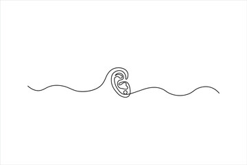 Continuous one-line drawing of a human ear profile. Minimalist medical symbol for hearing and audiology. Simple black line art on a white background.