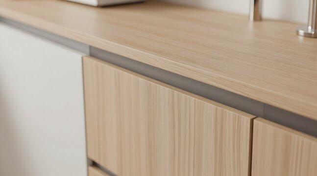 Close up of wooden cabinets with a gray accent for simple and modern style