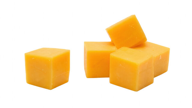 Five bright orange cheddar cheese cubes for snacking or cooking preparation