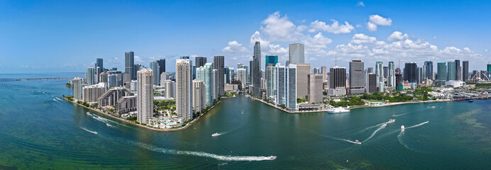 Panorama of Brickell in Miami. Panorama of Miami skyline on a sunny day. Panorama view of Miami Beach and Brickell. Brickell famous panorama. Miami downtown landscape.