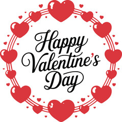 A vibrant red circular graphic with "Happy Valentine's Day" text and decorative heart symbols on a white background.
