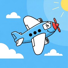 Cartoon airplane flying in blue sky.