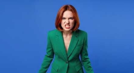 Red-haired woman in a green blazer showing intense anger and baring her teeth against a blue background