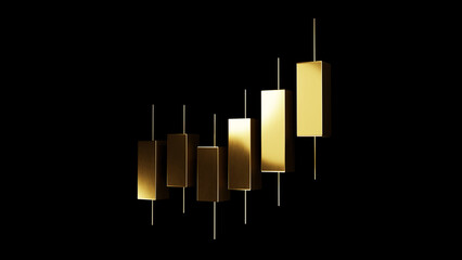 3D golden candlestick chart on a black background. Professional financial visualization of a bullish market trend, representing stock trading success, investment growth, and luxury wealth management