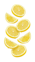 Fototapeta premium Vibrant yellow lemon slices and wedges dynamically arranged on a deep void