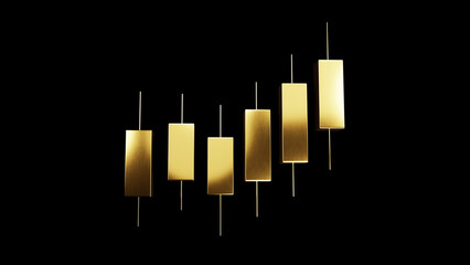 Abstract financial data visualization with gold metallic candlesticks. Professional stock market indicator showing price action and market volatility for banking, finance, and wealth management