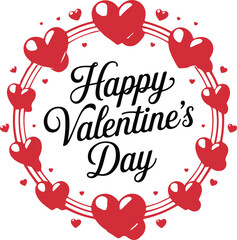 Happy Valentine's day lettering with circle of red hearts on white background.
