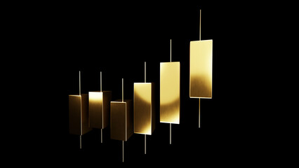 Luxury 3D golden candlestick chart showing an upward trend. Minimalist concept for financial success, stock market growth, and profitable investment strategies on a professional black background