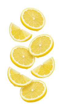 Vibrant yellow lemon slices and wedges dynamically arranged on a deep void