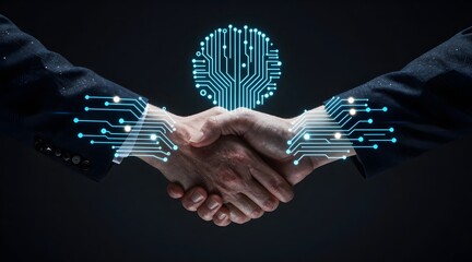 Two people shaking hands with a digital circuit board overlayed on a dark background
