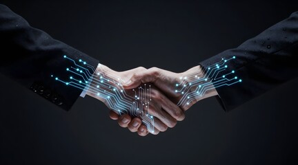 Digital handshake showcases technological collaboration in a modern business environment