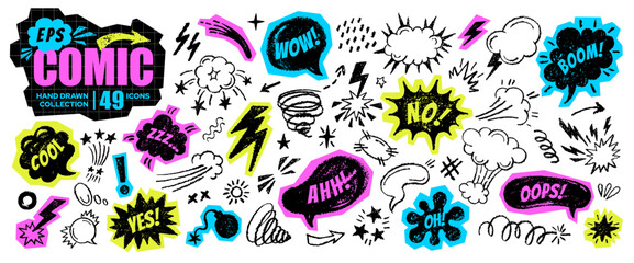 Comic boom pop with collage effect. Scrapbook bomb, bubble, wow bg. Cartoon comic speech icon. Doodle onomatopoeia, text pop vector element. Y2k neon boom art. Line collage background. Wow, poof, bomb