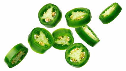 Vibrant green jalapeño slices with seeds suspended in a deep dark space