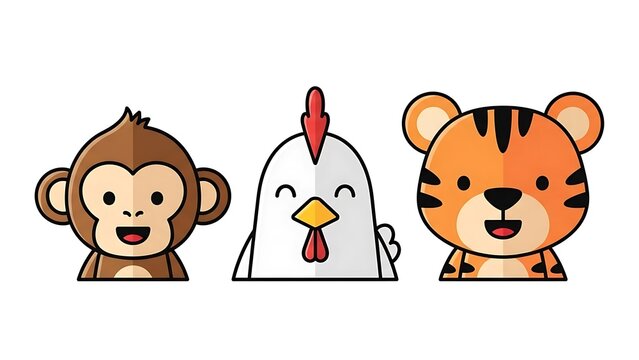 Cartoon animal faces monkey chicken tiger.