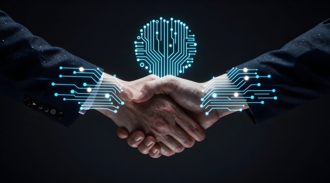 Two people shaking hands with a digital circuit board overlayed on a dark background - Powered by Adobe