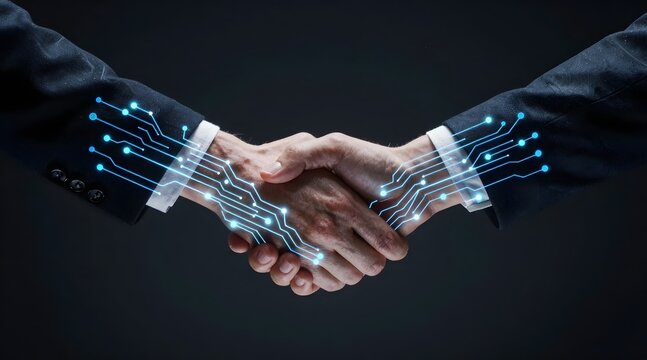 Technological handshake with glowing circuit board design for business connection - Powered by Adobe