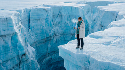 Woman analyzing digital data while standing on an Arctic ice crevasse