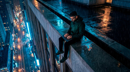 Hacker man working on a laptop on a rainy skyscraper ledge with city lights below