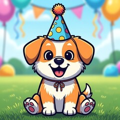 Happy dog wearing party hat outdoors.