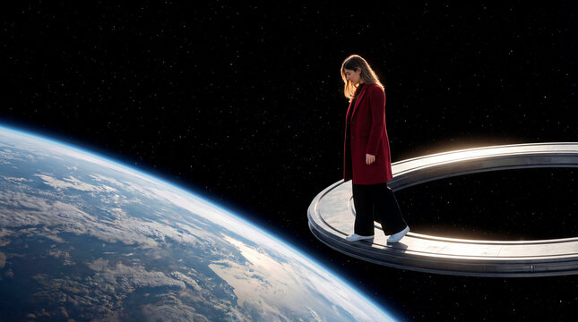 Woman walking on a circular platform in orbit above Earth