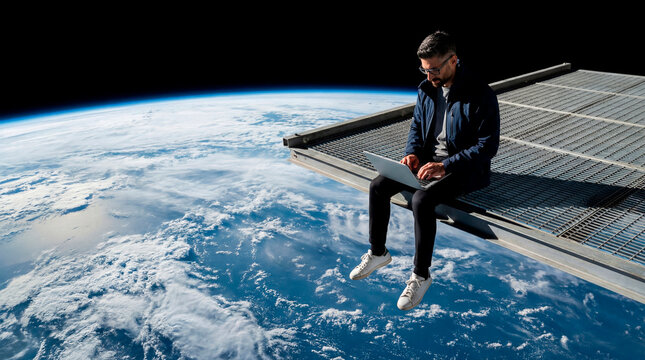 Man working on a laptop while sitting on a metal platform above Earth clouds