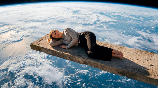 Woman sleeping on a concrete slab floating above Earth clouds