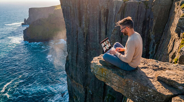 Man attending a video call on a laptop while sitting on a sea cliff