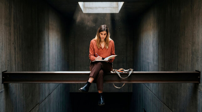 Woman writing in a notebook inside a suspended concrete room lit by a skylight