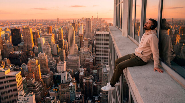 Man wearing headphones resting on a skyscraper ledge overlooking a city at sunset