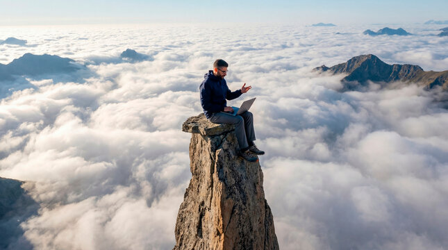 Man working on a laptop while sitting on a mountain rock above the clouds