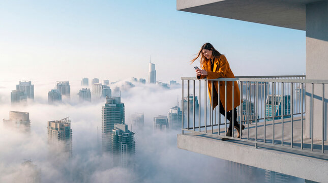 Woman using a smartphone on a balcony overlooking a foggy city skyline