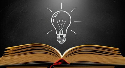 Chalk drawing of a glowing lightbulb shining above an open book on a blackboard background