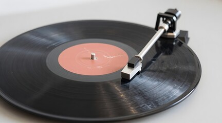 Close up of a vinyl record on a record player with a pink label on a white table