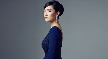 Elegant woman posing in a sophisticated dark blue beaded evening gown looking away