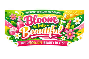 Bloom into Beauty. Seasonal holiday banner with promotional slogan, bright high-impact beauty discount banner emphasizing fresh