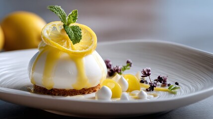 Lemon dessert with precise negative space, modern fine dining aesthetic