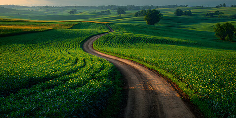 Fototapeta premium Wide-angle scene of a vibrant soybean crop with a central dirt road, ideal for environmental or farming themes