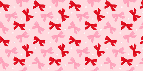 Coquette seamless pattern hand drawn bows on pink background. Holiday festive print for wrapping paper, fabric and textile. Christmas and Valentines day repeat wallpaper. Vector illustration art