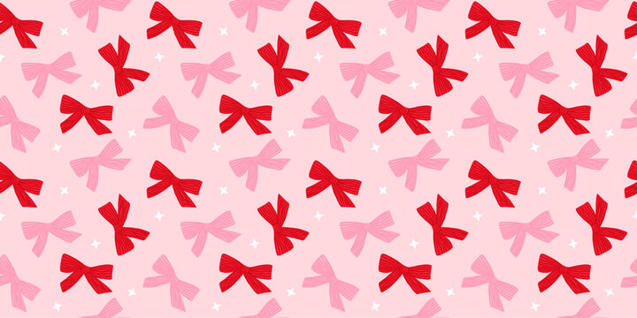Coquette seamless pattern hand drawn bows on pink background. Holiday festive print for wrapping paper, fabric and textile. Christmas and Valentines day repeat wallpaper. Vector illustration art