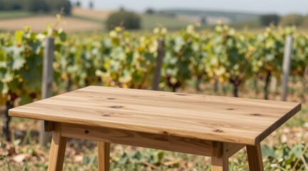 Fototapeta premium Close-up of wooden table in a vineyard during daytime