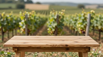 Naklejka premium Wooden table in front of a vineyard offering a rustic and natural presentation